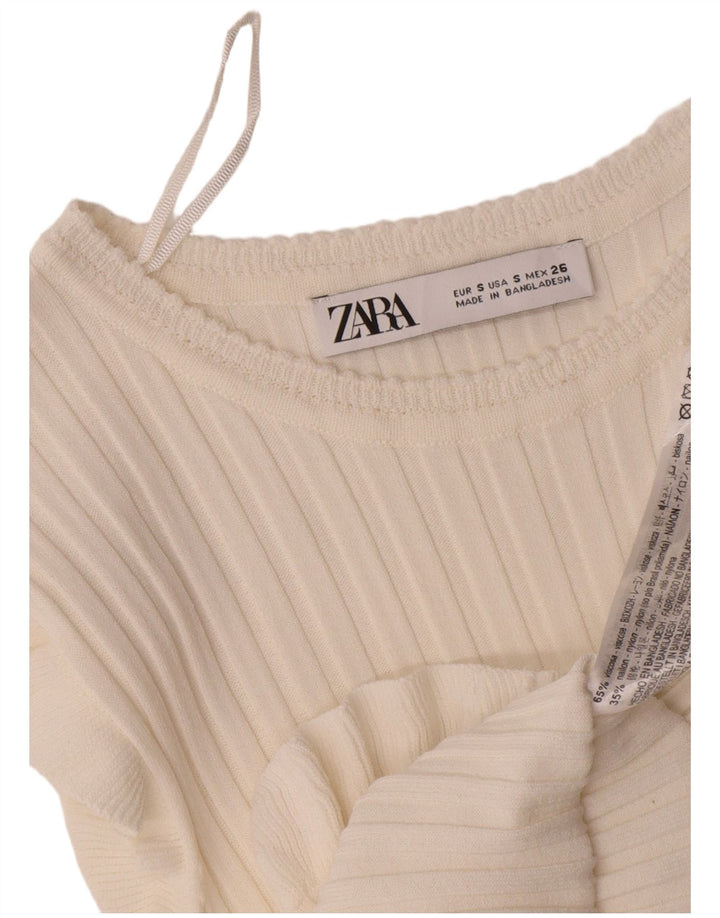 Zara Mujer Crop Blusa Top UK 8 Small Viscosa Blanca