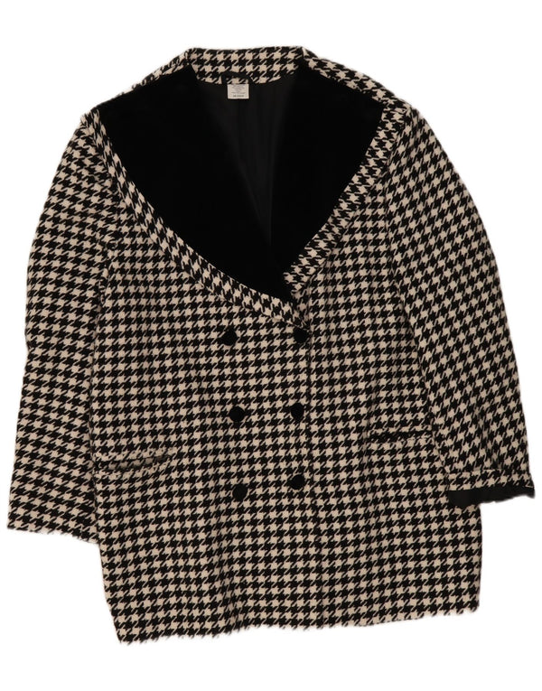 Vintage mujer doble pecho abrigo Reino Unido 20 2XL negro Houndstooth poliacrílico