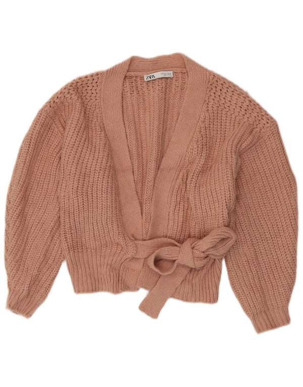 Zara Womens Crop Oversized Cardigan Sweater UK 10 Small Pink Acrylic