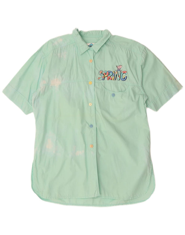 Vintage Womens loose Graphic Short Sleeve Shirt UK 14 Medium Green Cotton