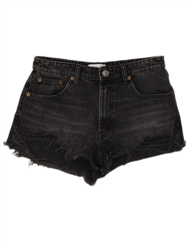 Zara Pantalones cortos de mezclilla desgastados para mujer EU 38 Small W28 Algodón negro