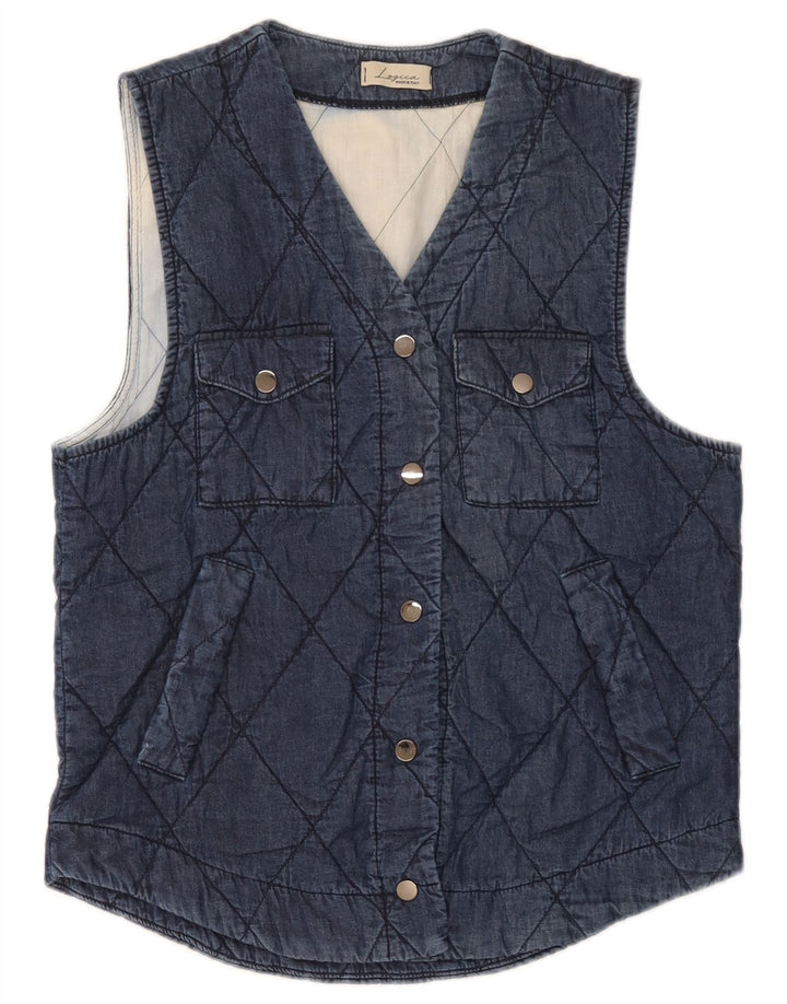Vintage mujeres acolchado Gilet Reino Unido 12 algodón azul marino medio
