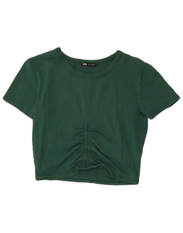 Zara Mujer Crop Camiseta Top UK 40 Grande Algodón Verde