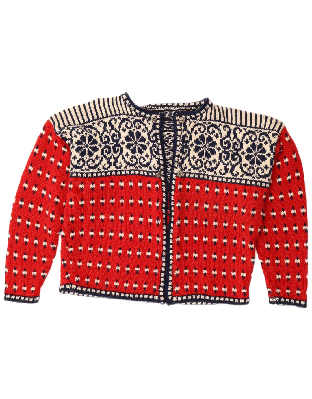 VINTAGE Suéter cárdigan abierto para mujer Reino Unido 18 XL Rojo Fair Isle