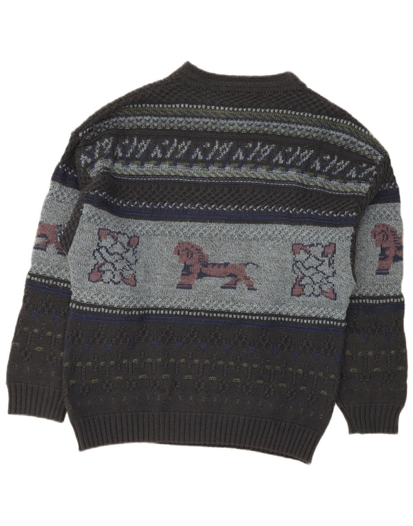 Vintage hombres gráfico cuello redondo jersey suéter XL gris Fair Isle lana