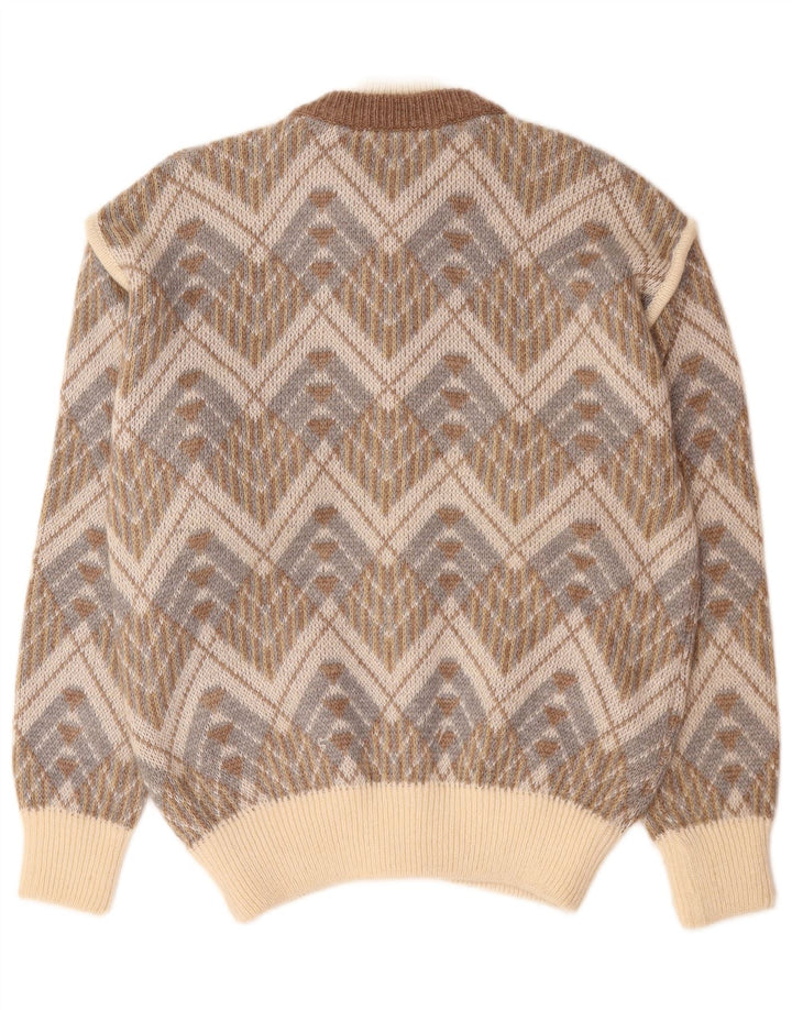 Vintage hombres Cardigan suéter grande beige geométrico