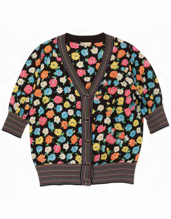 Cárdigan vintage de manga 1/2 para mujer IT 46 Large Black Floral Silk Retro