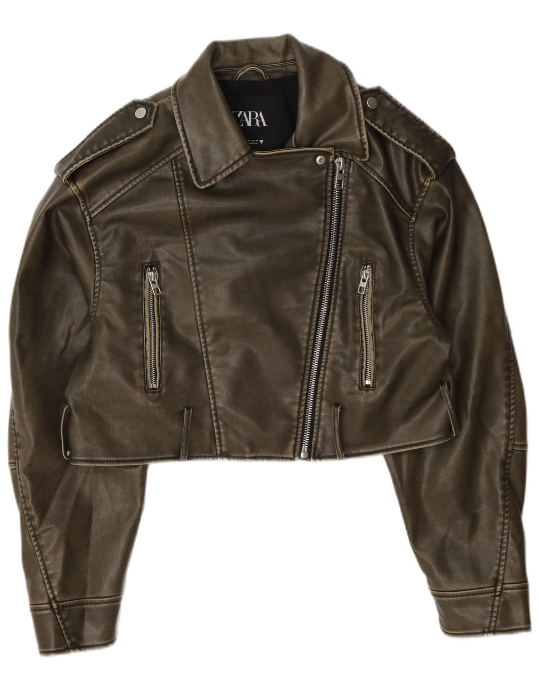 Zara Chaqueta Motera Corta De Piel Sintética Para Mujer UK 44 Poliéster Caqui Mediano