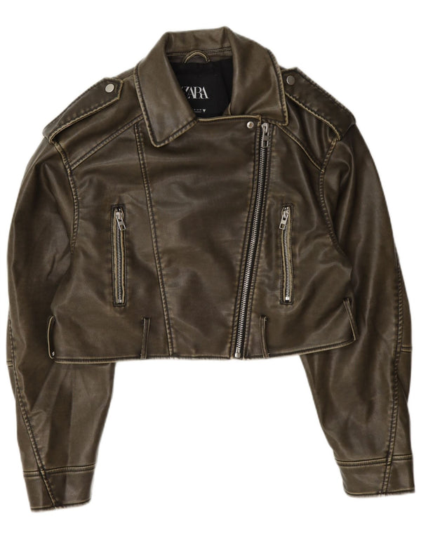 Zara Chaqueta Motera Corta De Piel Sintética Para Mujer UK 44 Poliéster Caqui Mediano