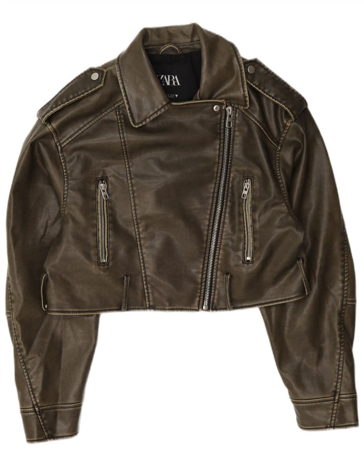 Zara Chaqueta Motera Corta De Piel Sintética Para Mujer UK 44 Poliéster Caqui Mediano