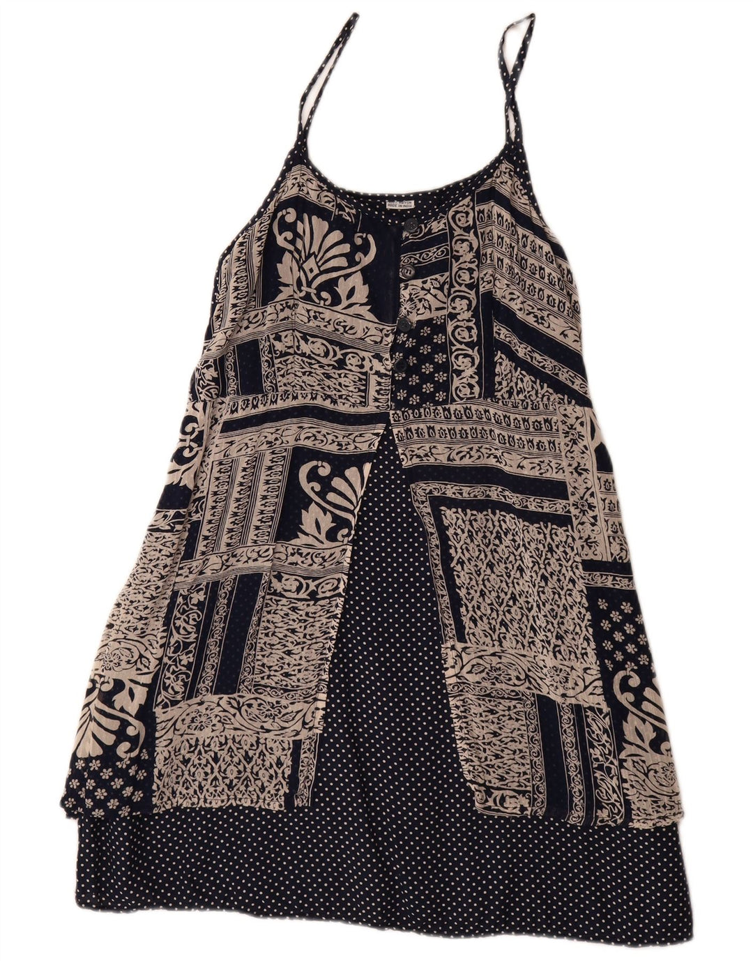 Vintage mujer Sundress Reino Unido 14 grande azul marino patchwork rayón