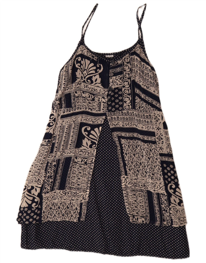 Vintage mujer Sundress Reino Unido 14 grande azul marino patchwork rayón
