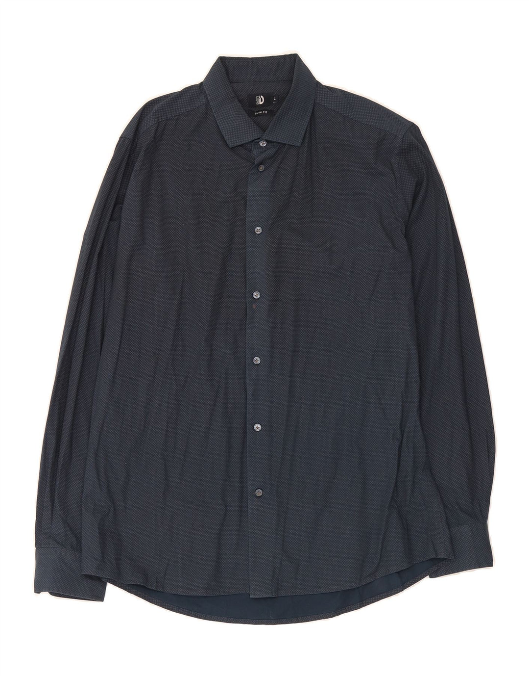 DACK'S Mens Abstract Pattern Slim Fit Shirt Large Navy Blue Cotton Vintage Dack's and Second-Hand Dack's from Messina Hembry 