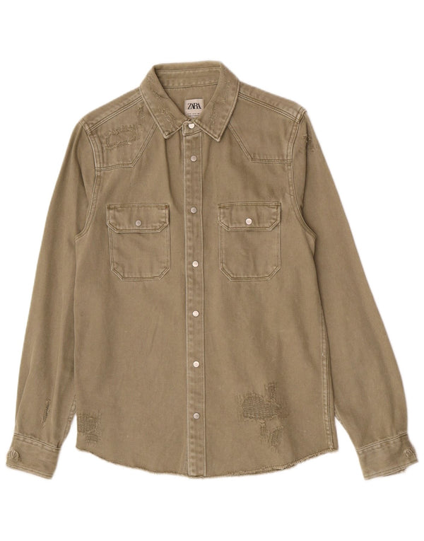 Zara Hombre Camisa Vaquera Desgastada De Corte Relajado Pequeño Algodón Caqui