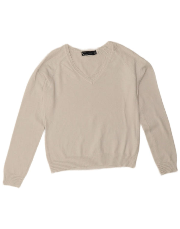 Zara - Jersey con cuello en V para mujer, talla 40, algodón blanco mediano