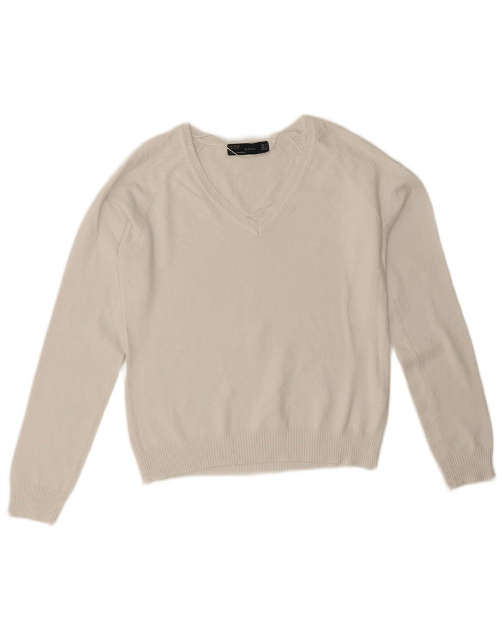 Zara - Jersey con cuello en V para mujer, talla 40, algodón blanco mediano