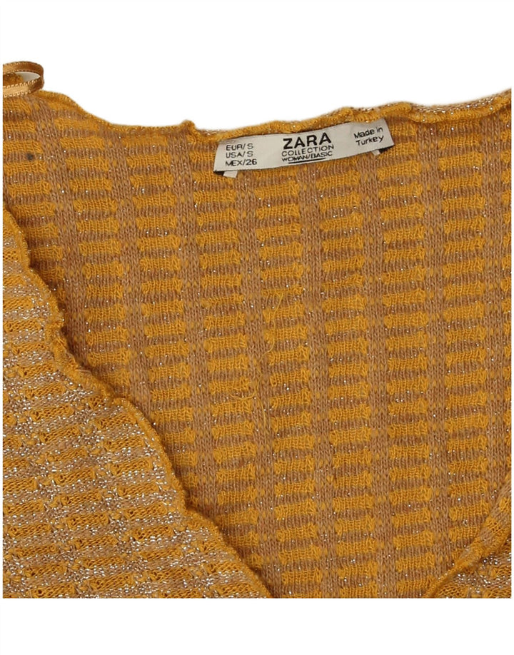 Zara Mujer Blusa Corta Top UK 10 Pequeño Poliéster Moteado Amarillo