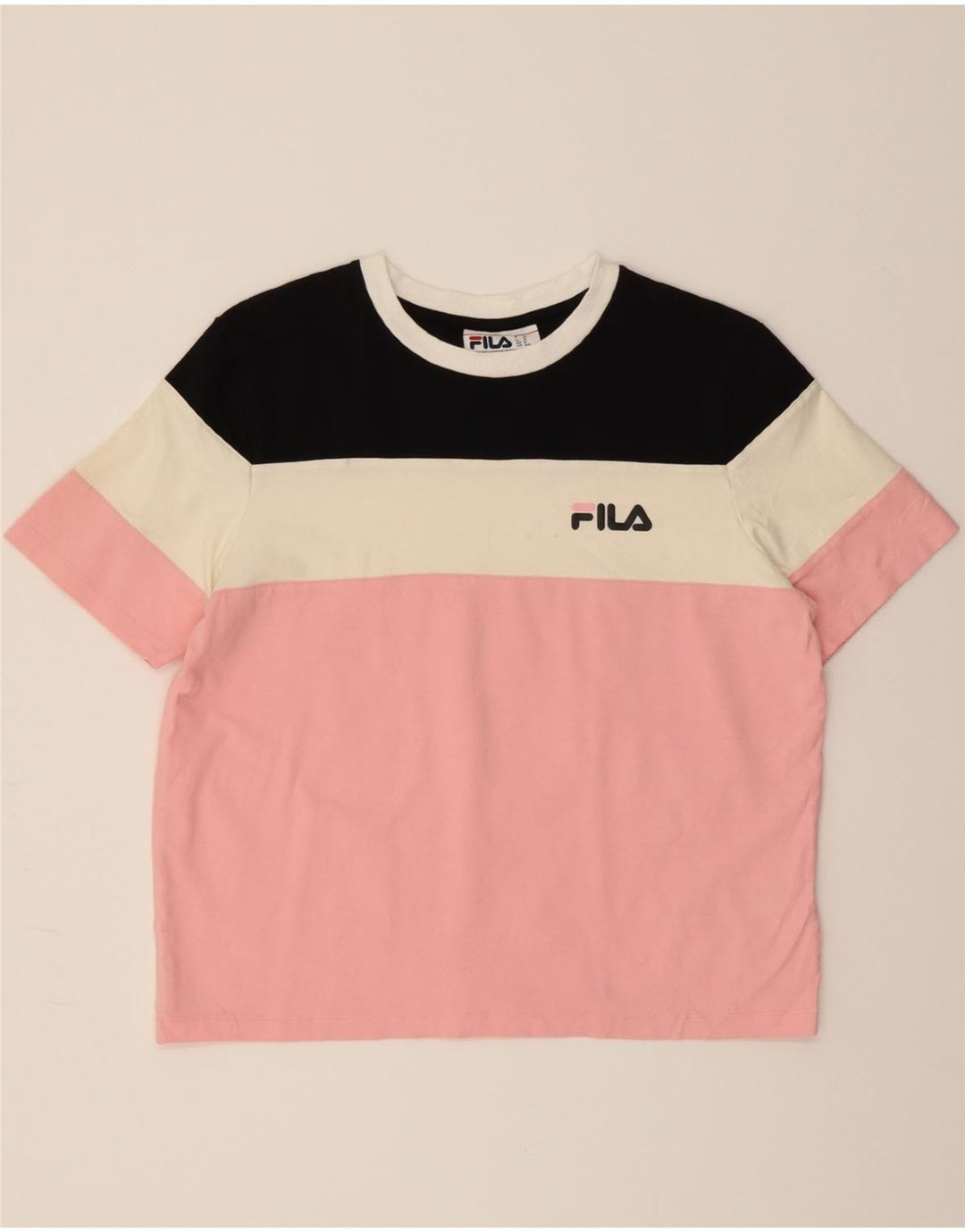 FILA Womens Graphic T-Shirt Top UK 14 Medium Multicoloured Colourblock Vintage Fila and Second-Hand Fila from Messina Hembry 