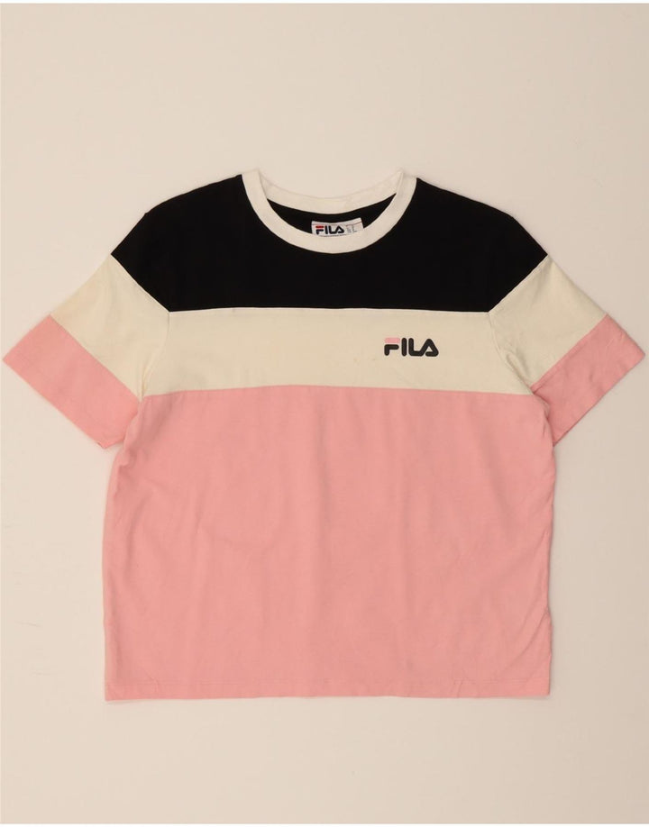 FILA Womens Graphic T-Shirt Top UK 14 Medium Multicoloured Colourblock Vintage Fila and Second-Hand Fila from Messina Hembry 