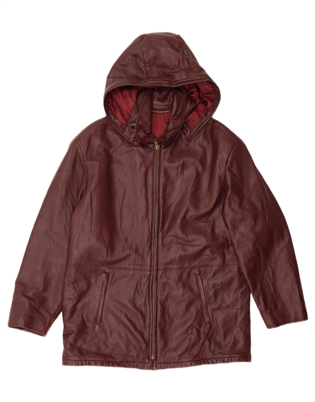 VINTAGE Chaqueta de cuero con capucha para mujer IT 48 XL Cuero burdeos