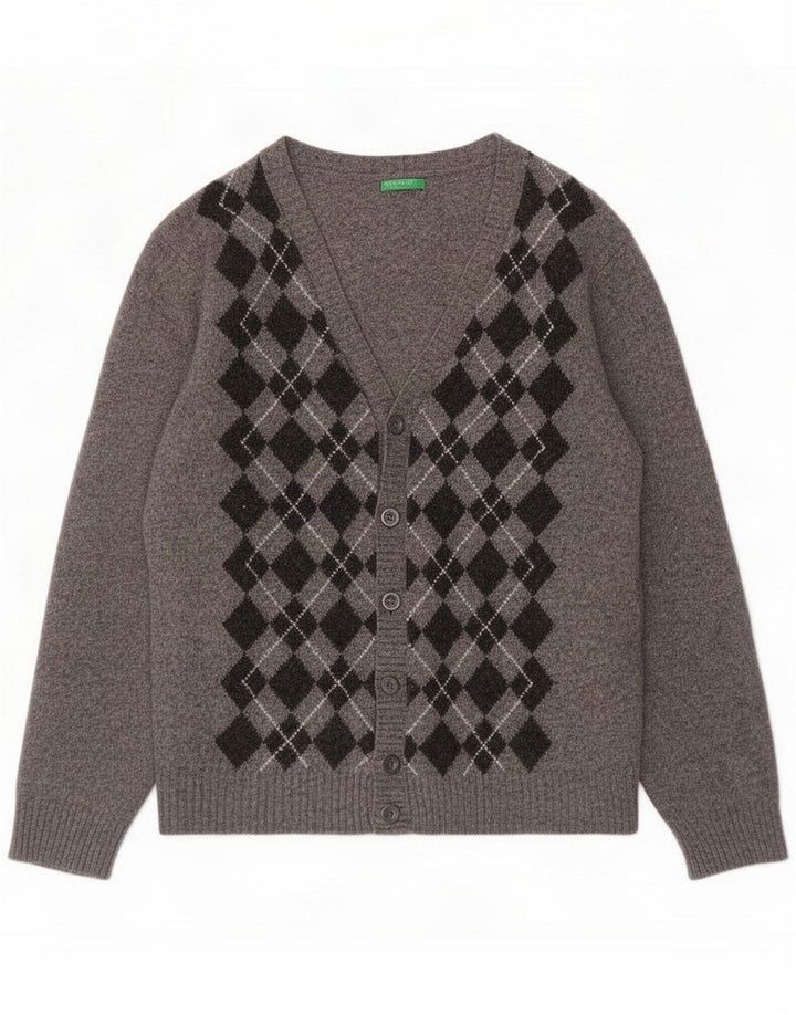 Benetton Hombre Cárdigan De Lana Gris Medio Argyle/Diamond