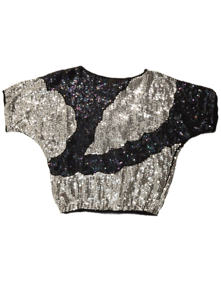 Vintage mujer noche lentejuelas blusa Top Reino Unido 10 pequeño multicolor