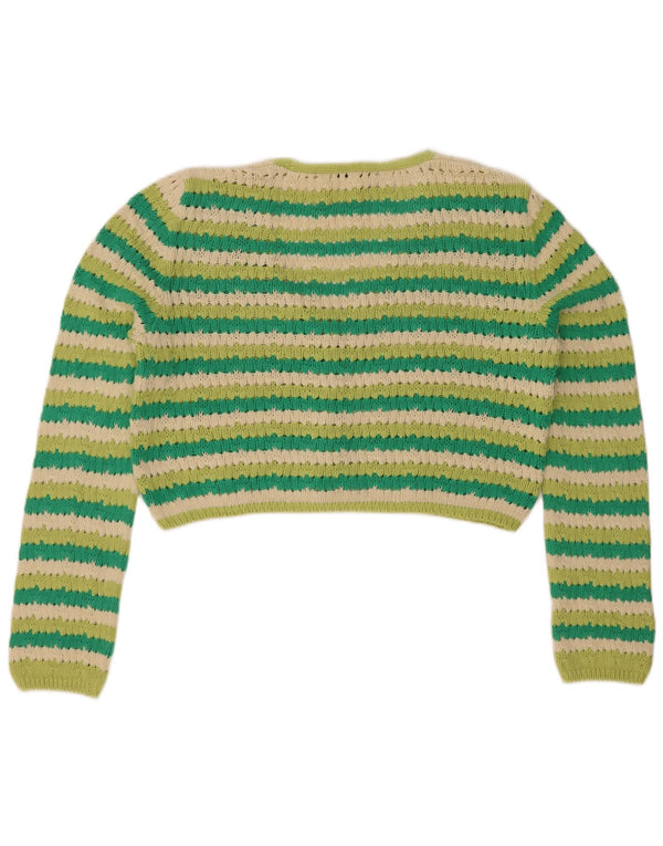 Zara Mujer Crop Cardigan Suéter UK 46 Grande Algodón A Rayas Verde