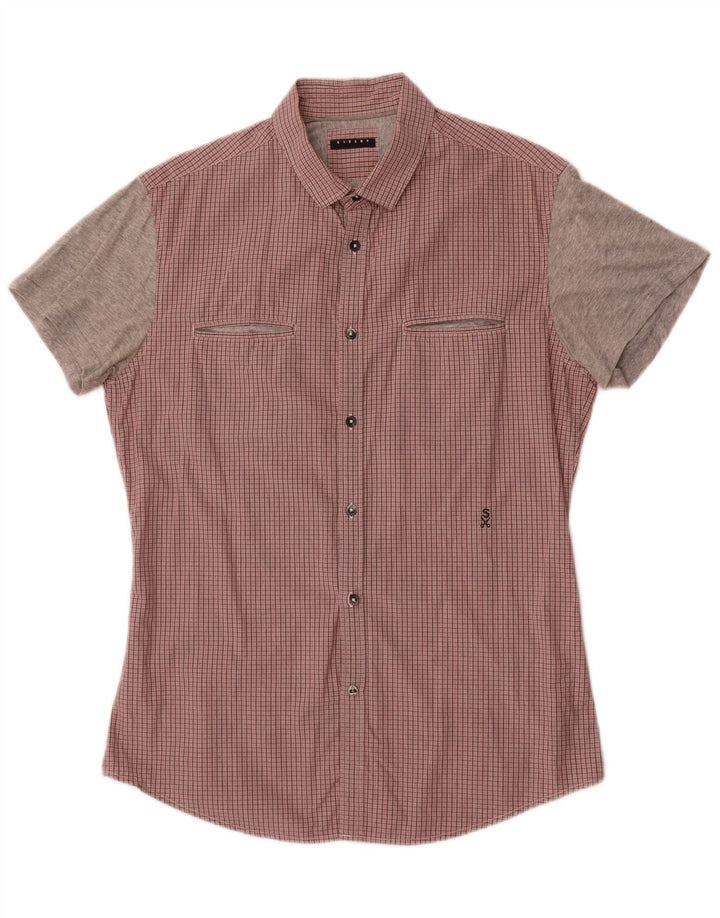 Sisley Camisa De Manga Corta Para Hombre De Algodón Con Cuadros Rojos Grandes