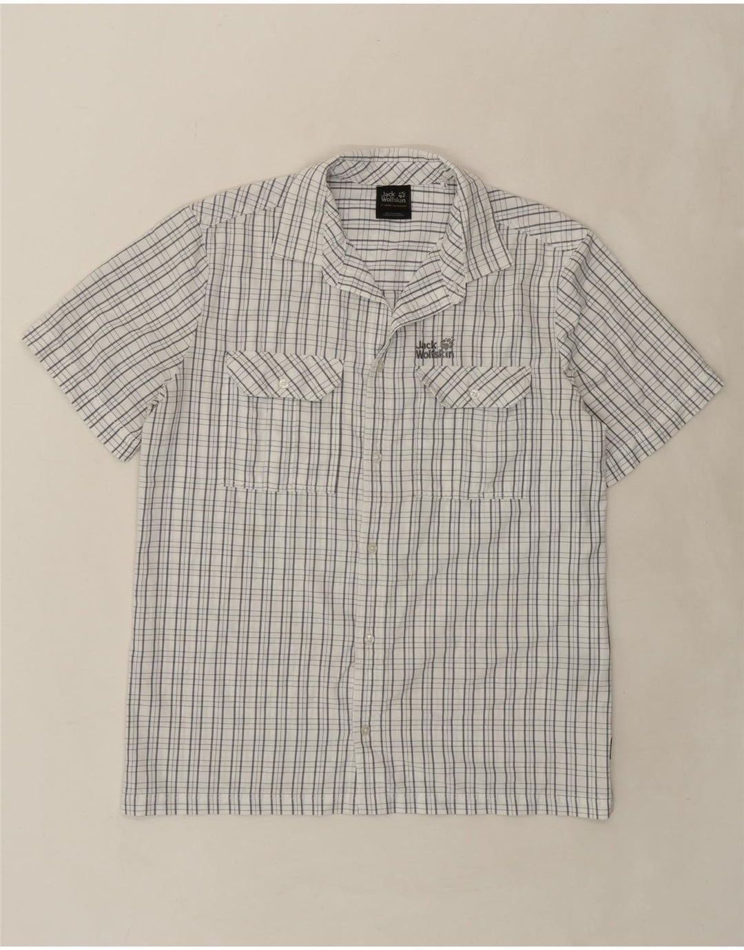 JACK WOLFSKIN Mens Short Sleeve Shirt UK 40/42 Large White Check Polyester Vintage Jack Wolfskin and Second-Hand Jack Wolfskin from Messina Hembry 