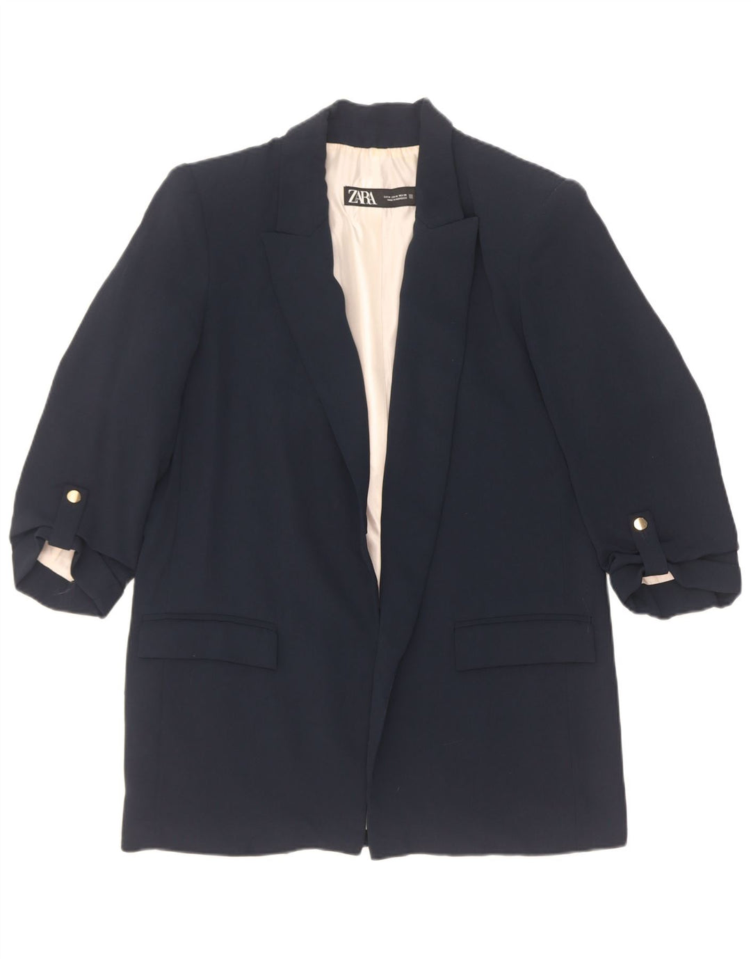 Zara Chaqueta tipo blazer abierta con manga 3/4 para mujer UK 44 Poliéster azul marino mediano