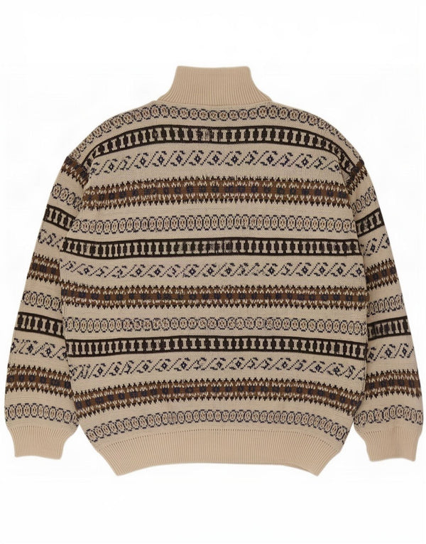 Vintage hombres zip cuello jersey suéter IT 54 XL beige geométrico acrílico