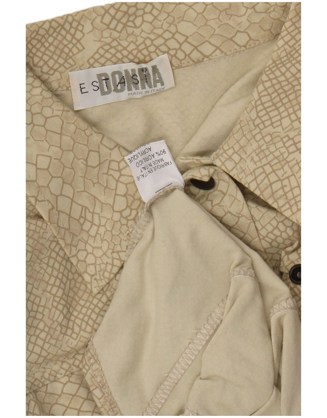 VINTAGE Camisa de patrón abstracto para mujer Reino Unido 12 Estampado animal beige medio