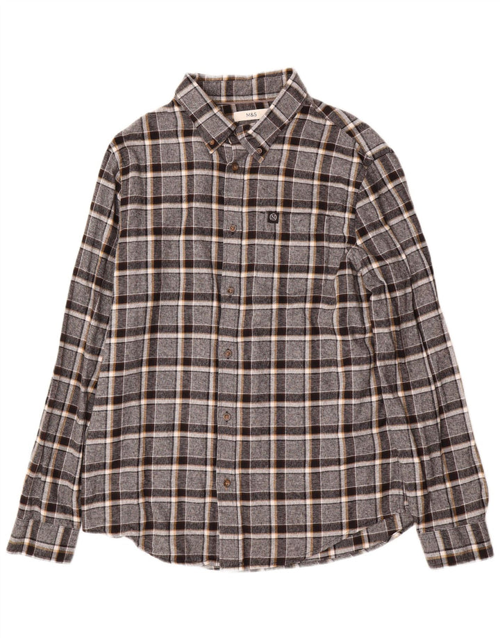 Marks & Spencer Camisa de franela para hombre Algodón a cuadros grises grandes