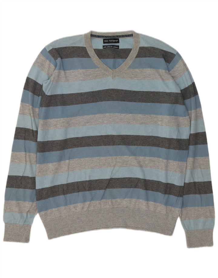 Marks & Spencer Suéter con cuello en V y autógrafo para hombre, tamaño grande, gris, a rayas