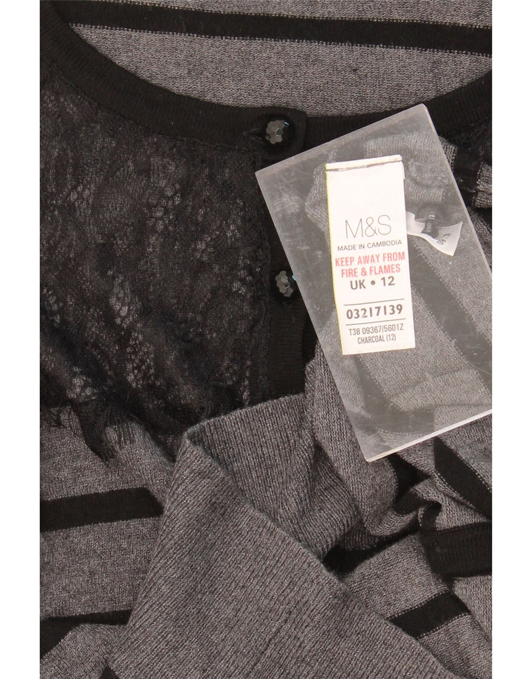 MARKS & SPENCER Womens Cardigan Sweater UK 12 Medium Grey Striped Viscose Vintage Marks & Spencer and Second-Hand Marks & Spencer from Messina Hembry 