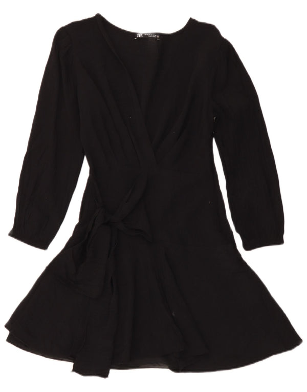 Zara Mujer Vestido Acampanado Manga 3/4 UK 6 XS Viscosa Negra