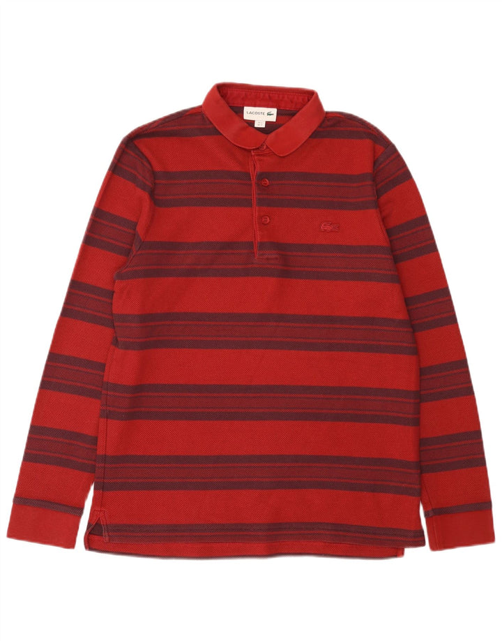 Lacoste Polo de manga larga para hombre talla 3 pequeño algodón a rayas rojas