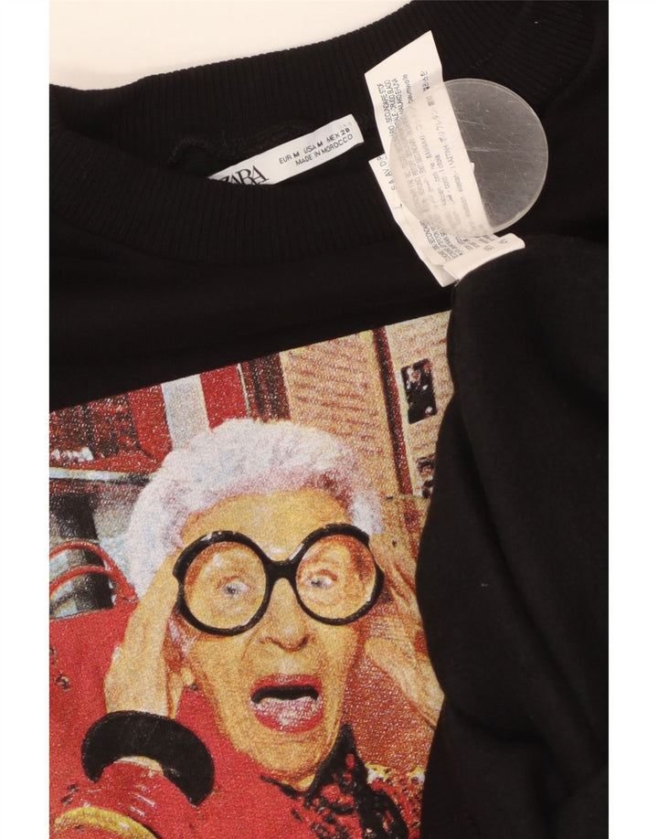 ZARA Mujer Sudadera Gráfica Jersey UK 44 Mediano Negro Algodón