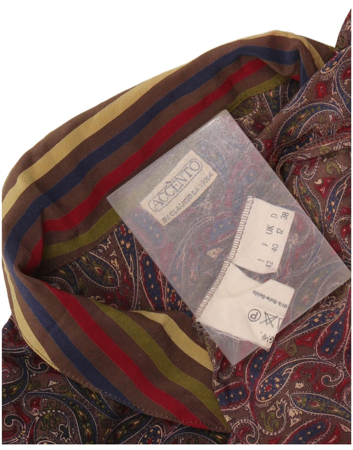 VINTAGE Blusa camisa de mujer Reino Unido 12 Seda paisley multicolor mediana