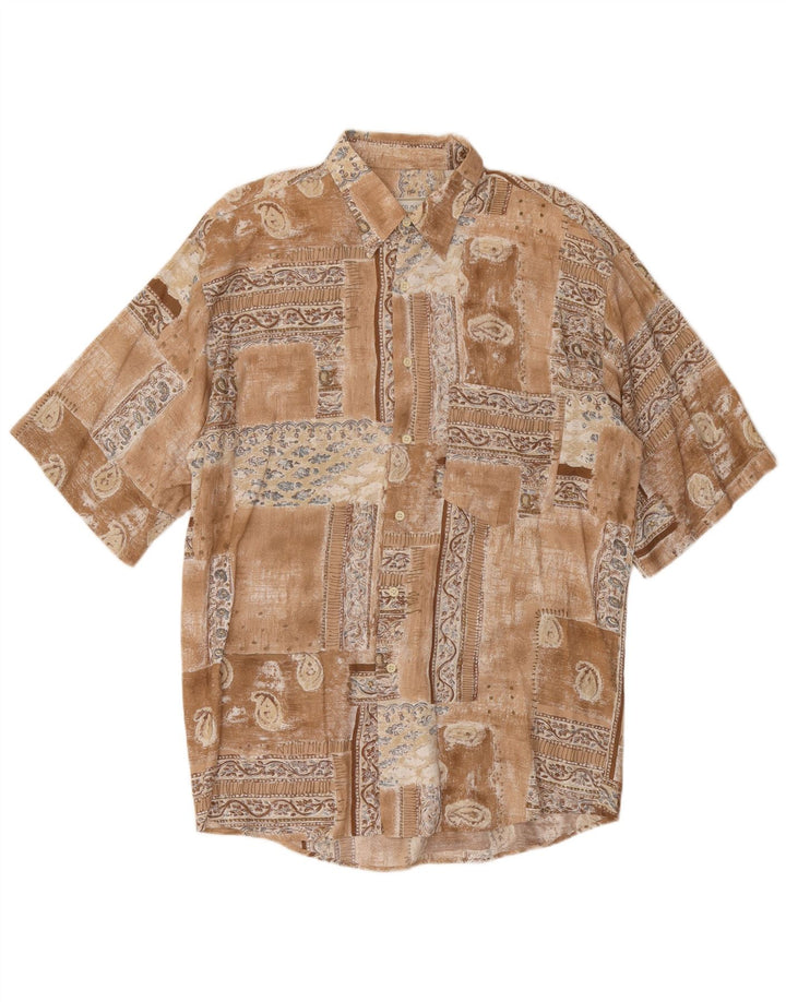 VINTAGE Camisa de manga corta para hombre Patchwork marrón grande