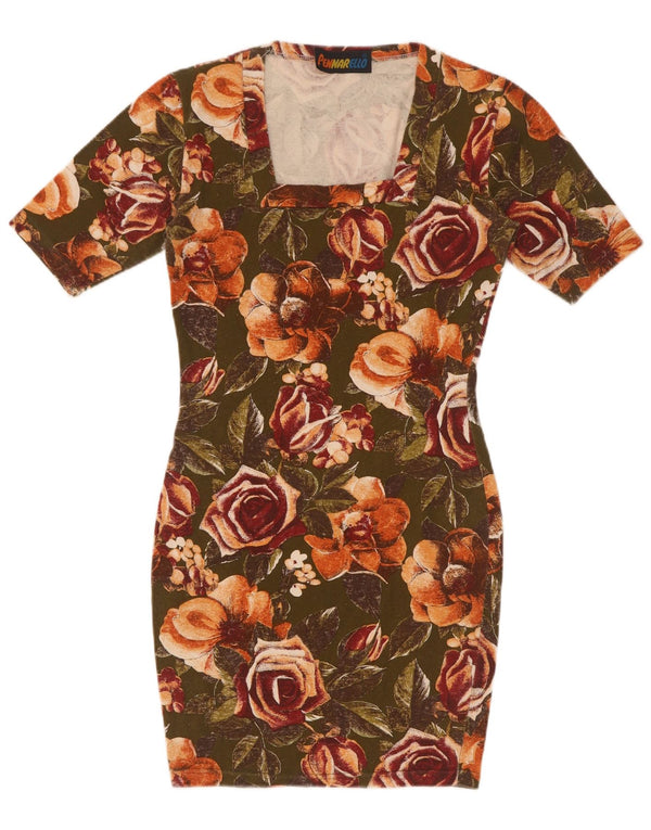 Vintage mujer bodycon vestido Reino Unido 8 pequeño caqui floral algodón