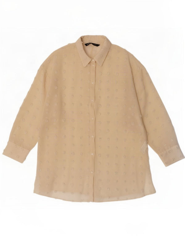 Zara Mujer Blusa Camisera Larga Extragrande UK 10 Small Beige Spotted