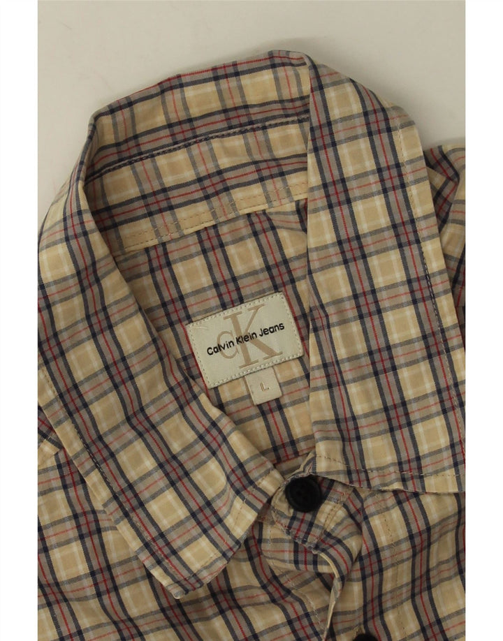 Camisa Calvin Klein Jeans Hombre Manga Corta Cuadros Beige Grande
