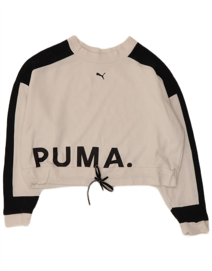 Puma Mujer Crop Graphic Sudadera Jumper UK 14 Medium White Colourblock
