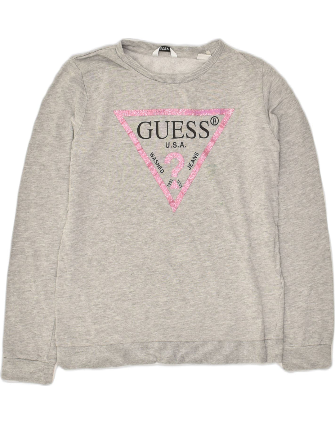 GUESS Girls Graphic Sweatshirt Jumper 13-14 Years Grey Cotton | Vintage Guess | Thrift | Second-Hand Guess | Used Clothing | Messina Hembry 