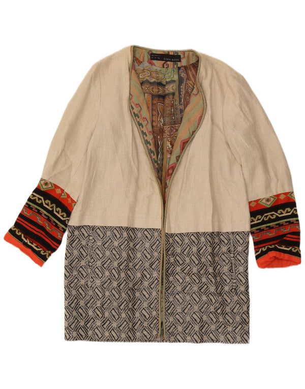 Zara Mujer Abrigo Abierto UK 44 Grande Lino Geométrico Beige