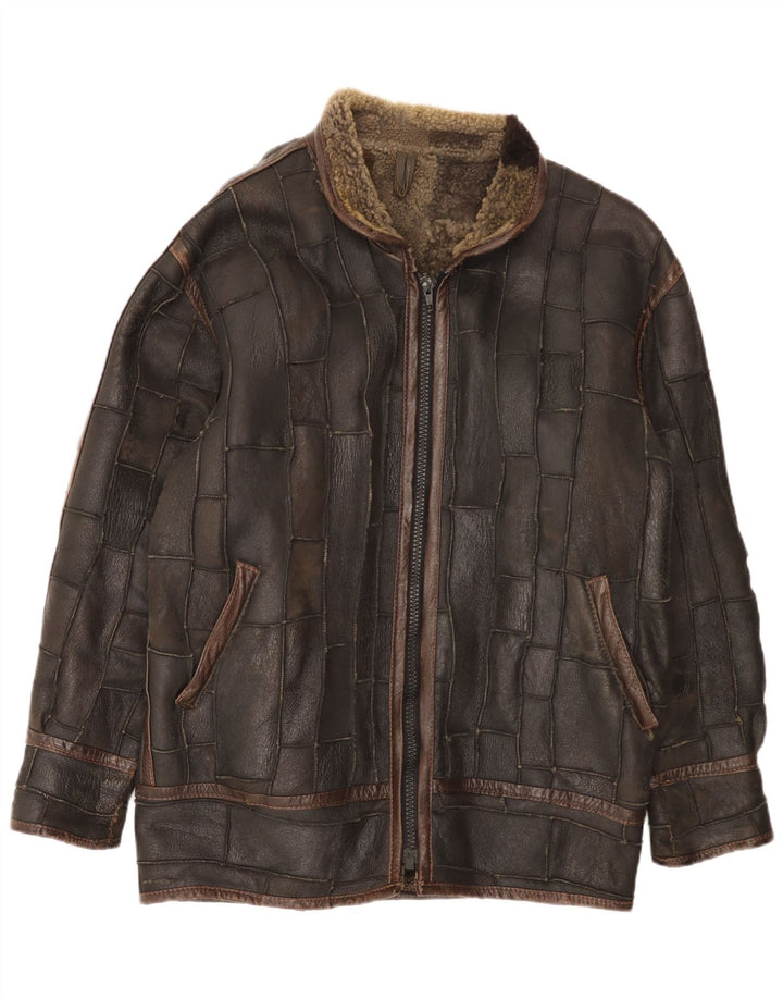 Vintage hombres shearling chaqueta Reino Unido 42 XL marrón patchwork