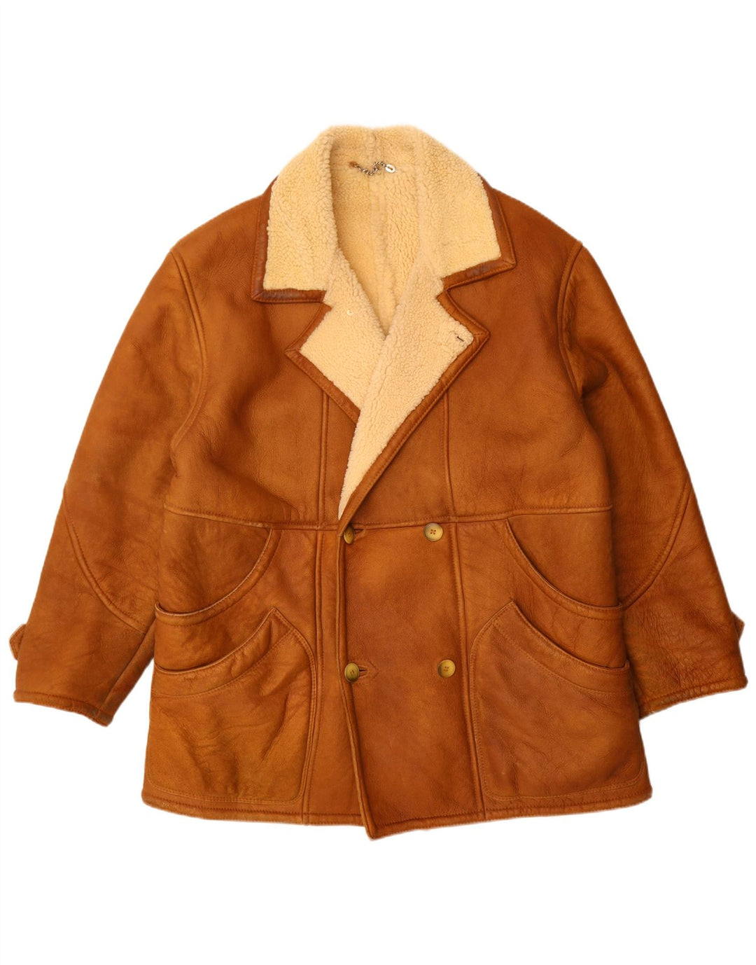 Vintage hombres doble pecho shearling chaqueta Reino Unido 42 XL marrón