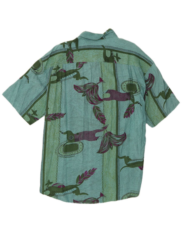 Vintage hombres patrón abstracto camisa de manga corta XL viscosa verde