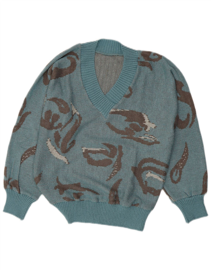 VINTAGE mujeres patrón abstracto V-cuello jersey suéter Reino Unido 16 azul grande